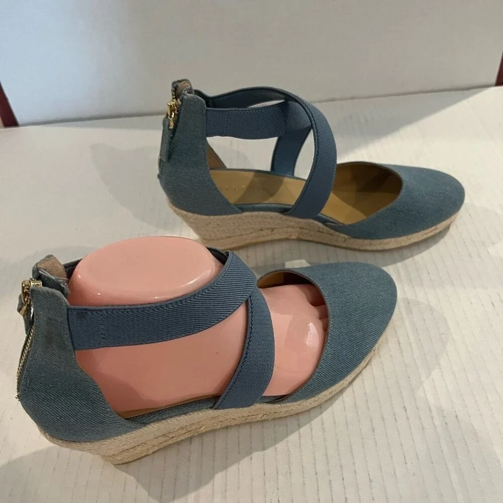 Talbots Lyndsay Espadrille Denim Wedge Criss Cross Straps Back Zip Shoes Sz 9 - Picture 6 of 11